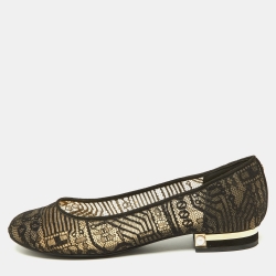 Pre Owned Chanel Black Lace and Suede Pearl Embellished CC Ballet Flats Size 38