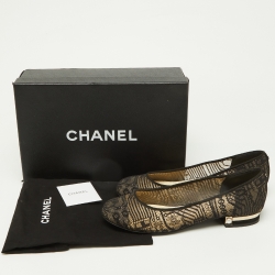 Pre Owned Chanel Black Lace and Suede Pearl Embellished CC Ballet Flats Size 38