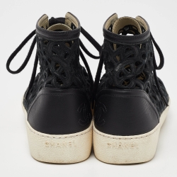 Pre Owned Chanel Black Leather and Lace Cut Out High Top Sneakers Size 37.5