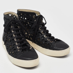 Pre Owned Chanel Black Leather and Lace Cut Out High Top Sneakers Size 37.5
