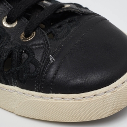 Pre Owned Chanel Black Leather and Lace Cut Out High Top Sneakers Size 37.5