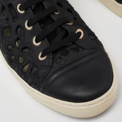 Pre Owned Chanel Black Leather and Lace Cut Out High Top Sneakers Size 37.5