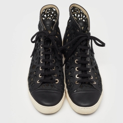 Pre Owned Chanel Black Leather and Lace Cut Out High Top Sneakers Size 37.5