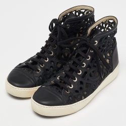 Pre Owned Chanel Black Leather and Lace Cut Out High Top Sneakers Size 37.5