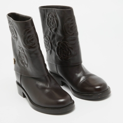 Chanel Brown Leather Camellia Ankle Boots Size 38.5