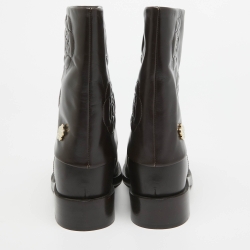Chanel Brown Leather Camellia Ankle Boots Size 38.5
