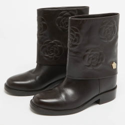 Chanel Brown Leather Camellia Ankle Boots Size 38.5