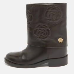 Chanel Brown Leather Camellia Ankle Boots Size 38.5