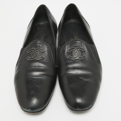 Chanel Black Leather CC Slip On Loafers Size 37.5