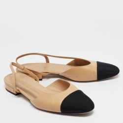 مملوكة مسبقًا Chanel Beige/Black Leather and Canvas Cap Toe Slingback Flat Sandals Size 36.5