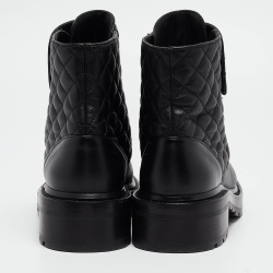Chanel Black Quilted Leather CC Cap Toe Chain Link Logo Combat Boots Size 39