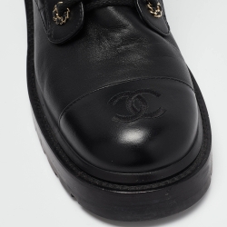 Chanel Black Quilted Leather CC Cap Toe Chain Link Logo Combat Boots Size 39