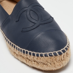 Pre Owned Chanel Navy Blue Leather  CC Cap Toe Espadrille Flats Size 37