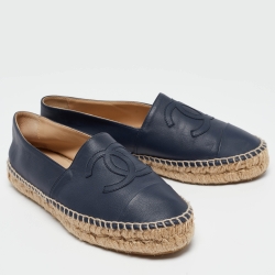 Pre Owned Chanel Navy Blue Leather  CC Cap Toe Espadrille Flats Size 37