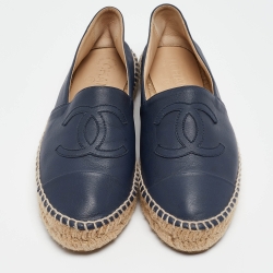 Pre Owned Chanel Navy Blue Leather  CC Cap Toe Espadrille Flats Size 37