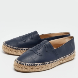Pre Owned Chanel Navy Blue Leather  CC Cap Toe Espadrille Flats Size 37