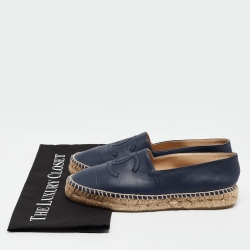 Pre Owned Chanel Navy Blue Leather  CC Cap Toe Espadrille Flats Size 37