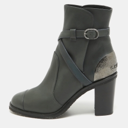 Chanel Green Leather Buckle Ankle Boots Size 40.5