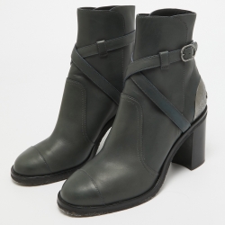 Chanel Green Leather Buckle Ankle Boots Size 40.5