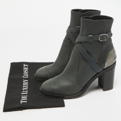 Chanel Green Leather Buckle Ankle Boots Size 40.5
