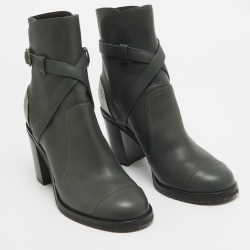 Chanel Green Leather Buckle Ankle Boots Size 40.5