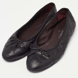 Pre Owned Chanel Black Quilted Leather CC Bow Cap Toe Ballet Flats Size 38