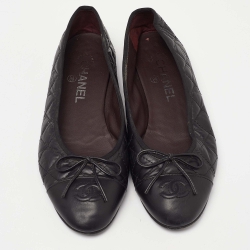Pre Owned Chanel Black Quilted Leather CC Bow Cap Toe Ballet Flats Size 38