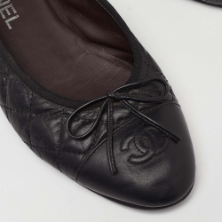 Pre Owned Chanel Black Quilted Leather CC Bow Cap Toe Ballet Flats Size 38