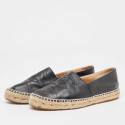 Pre Owned Chanel Black Leather CC Espadrille Flats Size 37
