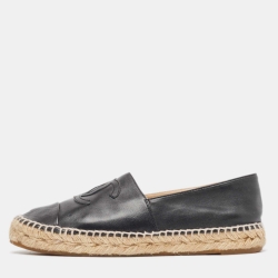 Pre Owned Chanel Black Leather CC Espadrille Flats Size 37