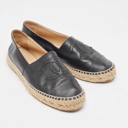 Pre Owned Chanel Black Leather CC Espadrille Flats Size 37