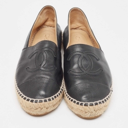 Pre Owned Chanel Black Leather CC Espadrille Flats Size 37