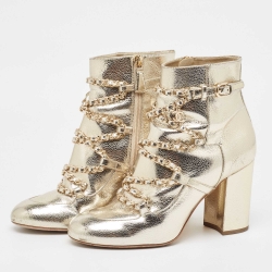 Chanel Gold Leather CC Chain Link Ankle Boots Size 39.5