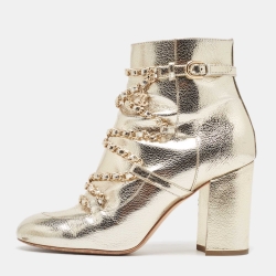 Chanel Gold Leather CC Chain Link Ankle Boots Size 39.5
