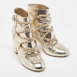 Chanel Gold Leather CC Chain Link Ankle Boots Size 39.5
