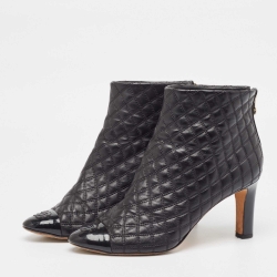 Chanel Black Quilted Leather and Patent Cap Toe CC Ankle Booties Size 39