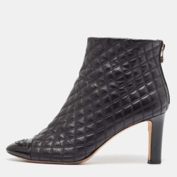 Chanel Black Quilted Leather and Patent Cap Toe CC Ankle Booties Size 39