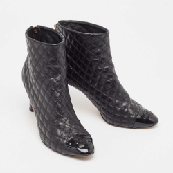 Chanel Black Quilted Leather and Patent Cap Toe CC Ankle Booties Size 39
