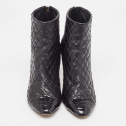 Chanel Black Quilted Leather and Patent Cap Toe CC Ankle Booties Size 39