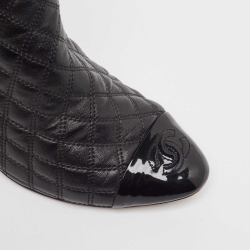 Chanel Black Quilted Leather and Patent Cap Toe CC Ankle Booties Size 39