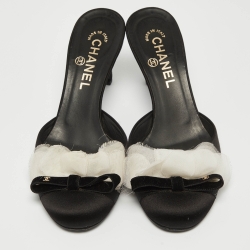 مملوكة مسبقًا Chanel Black Satin and Fabric Applique CC Bow Mules Size 37.5