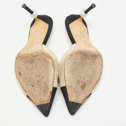 Chanel Beige/Black Suede and Canvas CC Faux Pearl Embellished Heel Slip On Mules Size 41