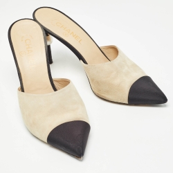 Chanel Beige/Black Suede and Canvas CC Faux Pearl Embellished Heel Slip On Mules Size 41
