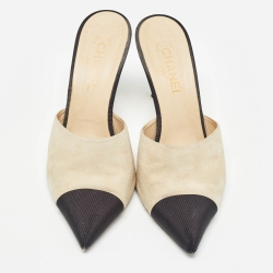 Chanel Beige/Black Suede and Canvas CC Faux Pearl Embellished Heel Slip On Mules Size 41