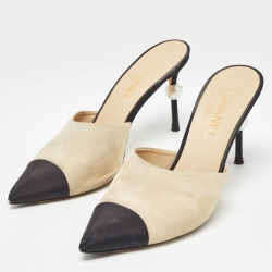 Chanel Beige/Black Suede and Canvas CC Faux Pearl Embellished Heel Slip On Mules Size 41