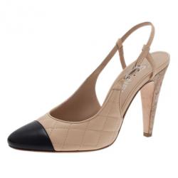 Pre Owned صندل شانيل سلينجباك ذو تقسيمات مقدمة مقفولة جلد بيج مقاس 40.5