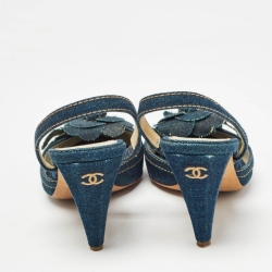 Pre Owned Chanel Navy Blue Denim Camelia CC Slingback Pumps Size 39