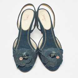 Pre Owned Chanel Navy Blue Denim Camelia CC Slingback Pumps Size 39