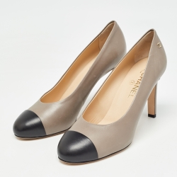 Pre Owned Chanel Grey/Black Leather Cap Toe Pumps Size 40