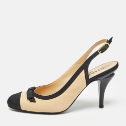 Pre Owned Chanel Beige/Black Beige/Black Leather and Canvas Slingback Pumps Size 36    